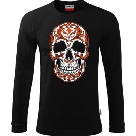  SKULL prémium minőségű, fekete hosszúujjú póló, foszforeszkáló és UV-narancs KOPONYA grafikával